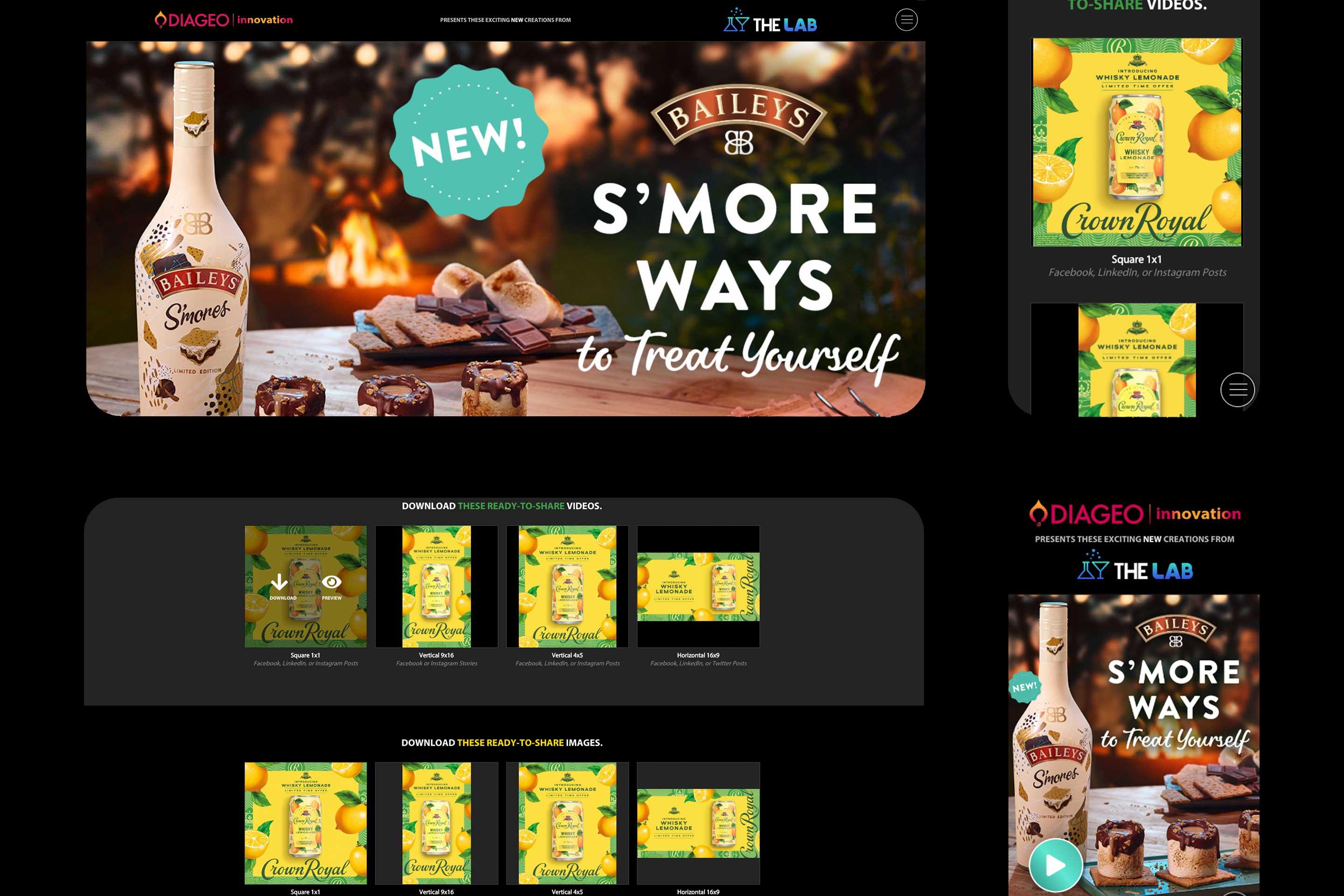 Desktop and mobile Diageo Innovation screens displaying Baileys campaigns and Crown Royal asset download formats