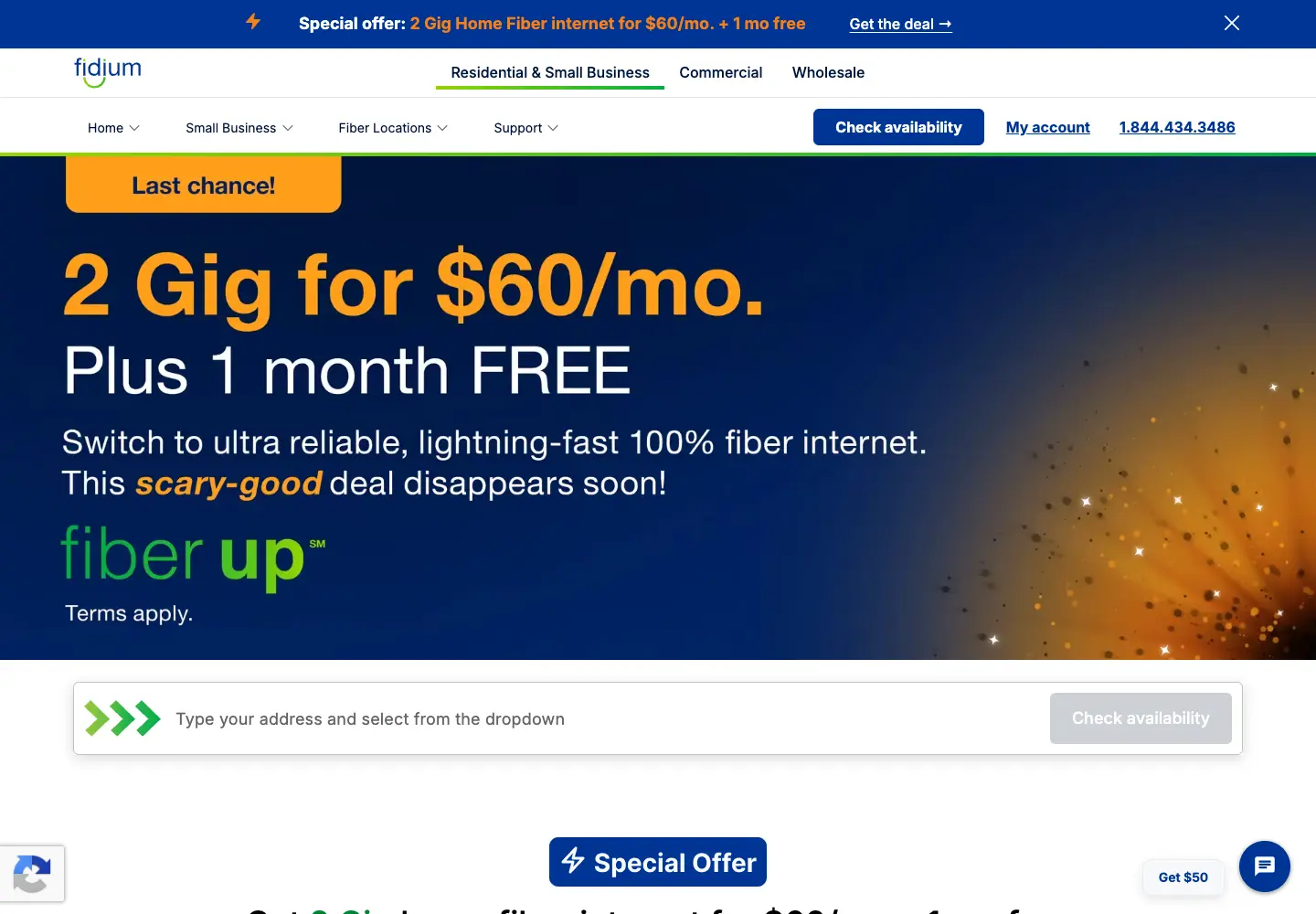 Fidium Fiber desktop homepage showing internet plans and the service availability experience